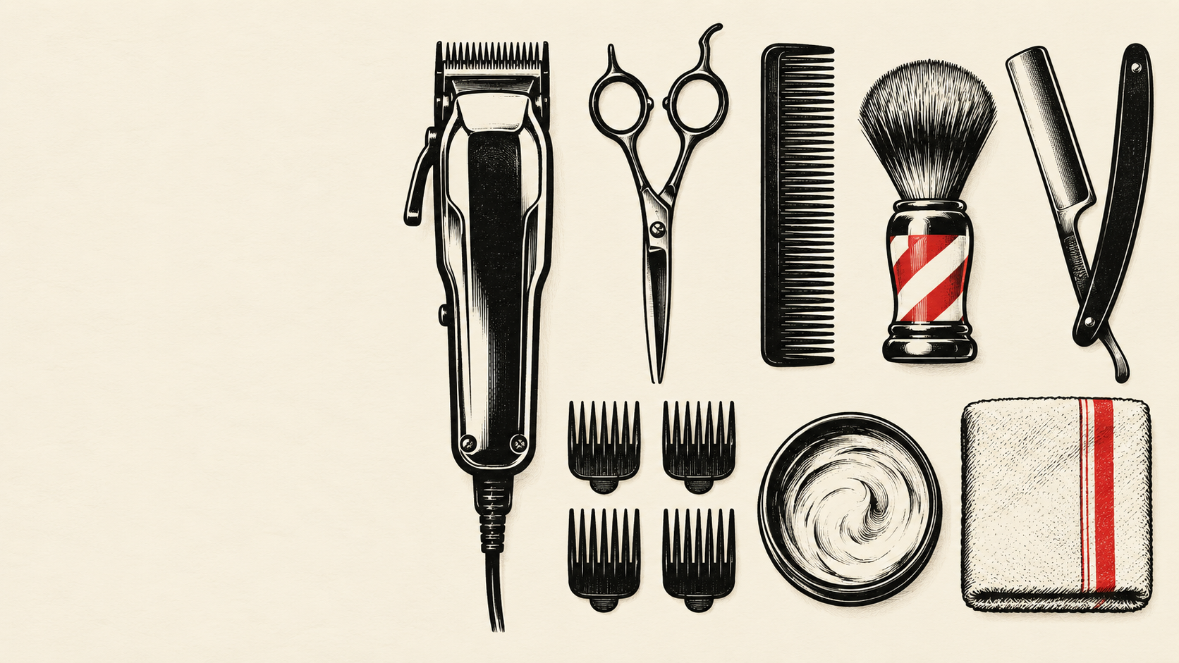 Illustration of classic barber tools arranged in a grid